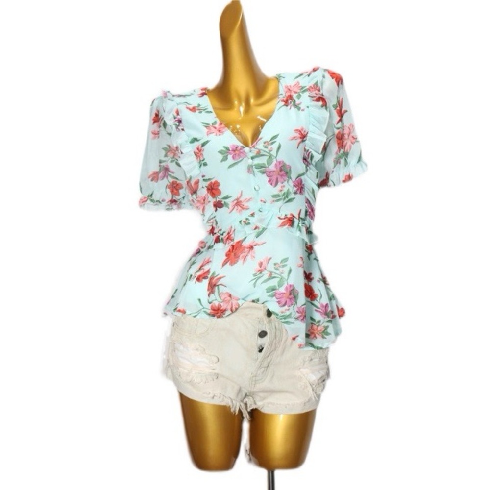 QUIZ Mint/Coral Floral V-neck Print Short Sleeve Peplum Blouse